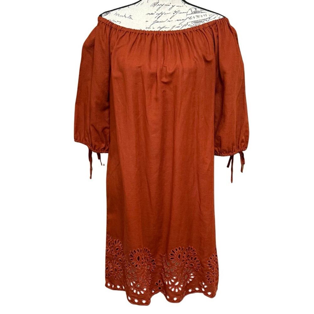 J.Crew Off Shoulder Eyelet Hem Dress Size S Rust Orange Linen Blend 3/4 Sleeve